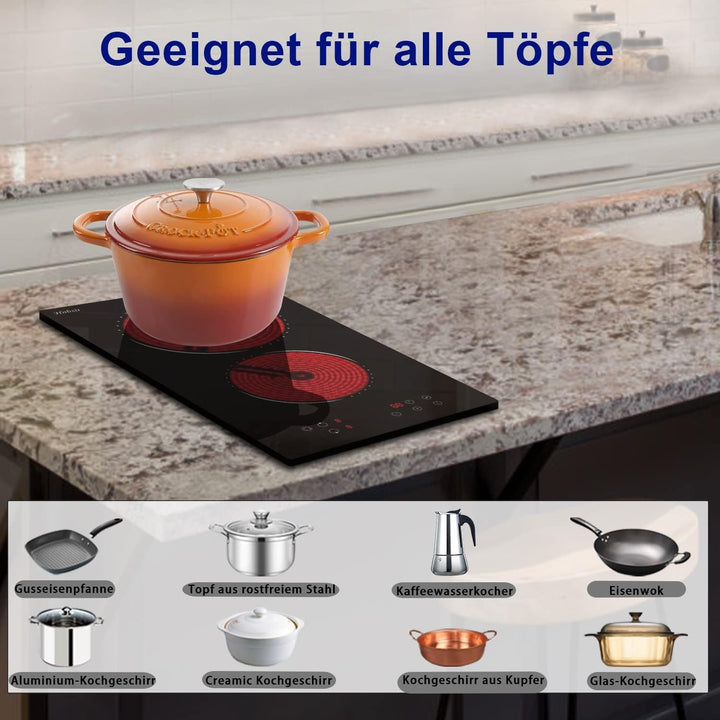 Glaskeramikkochfeld 2 Zonen, Hobsir Einbau Kochfelder 30cm, 3200W, Touch-Steuerung, Doppelte Zone, 9