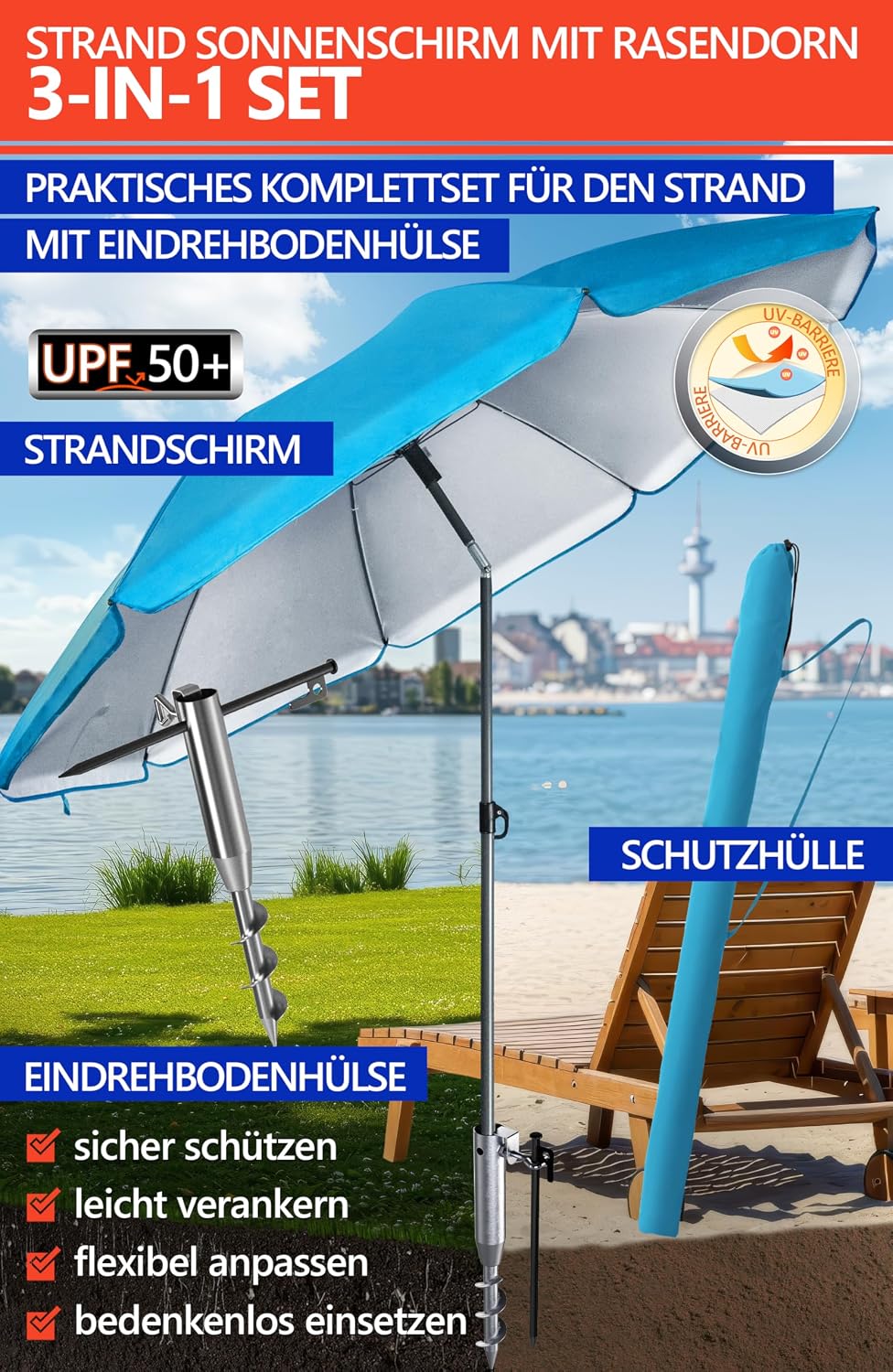 4smile Sonnenschirm Strand SET mit Eindrehbodenhülse, Ø 200 cm, Blau | Strandschirm Windfest Stabil