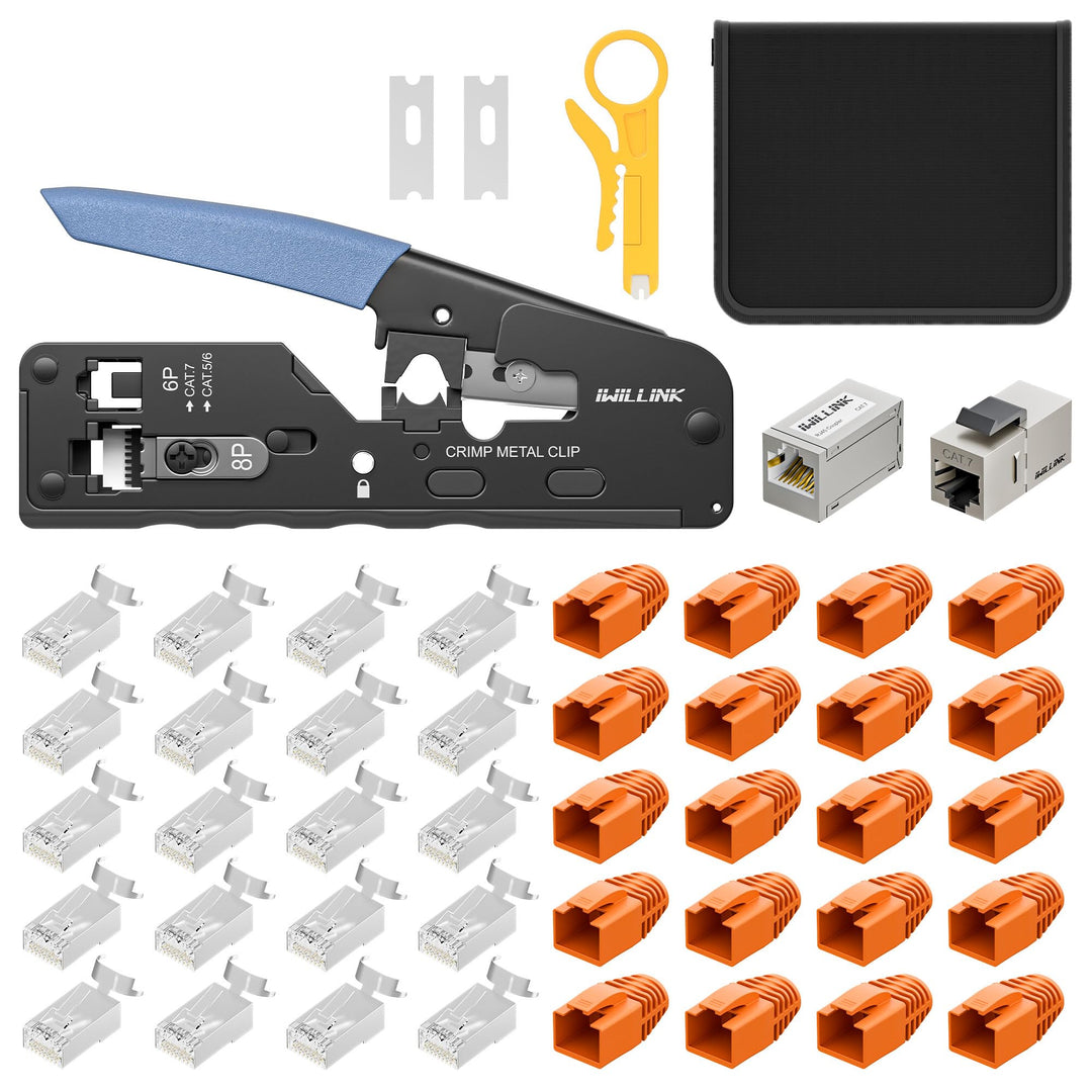 iwillink RJ45 Crimpzange Set mit 20 x Cat 7 Stecker | 1x Abisolierzange, 1x RJ45 Cat7 Kupplung,1x RJ