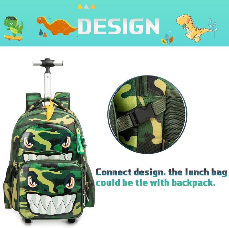 HTgroce Trolley Jungen Schultrolly Schulrucksack mit Rollen Schultrolley Grüner Dinosaurier, Grüner