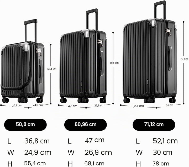 LEVEL8 Koffer Trolleys Handgepäck Hartschalenkoffer Rollkoffer Reisekoffer, TSA Schwarz Set 20/24/28