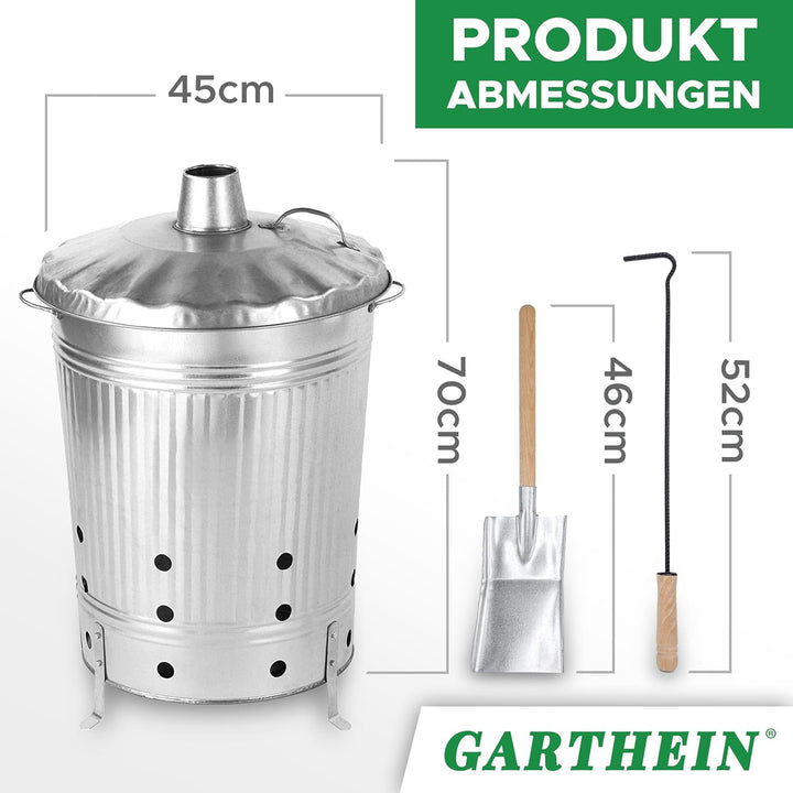90 Liter Grosse Feuertonne Set mit Kohleschaufel und Schürhaken für den Gartenabfall mit Deckel in S