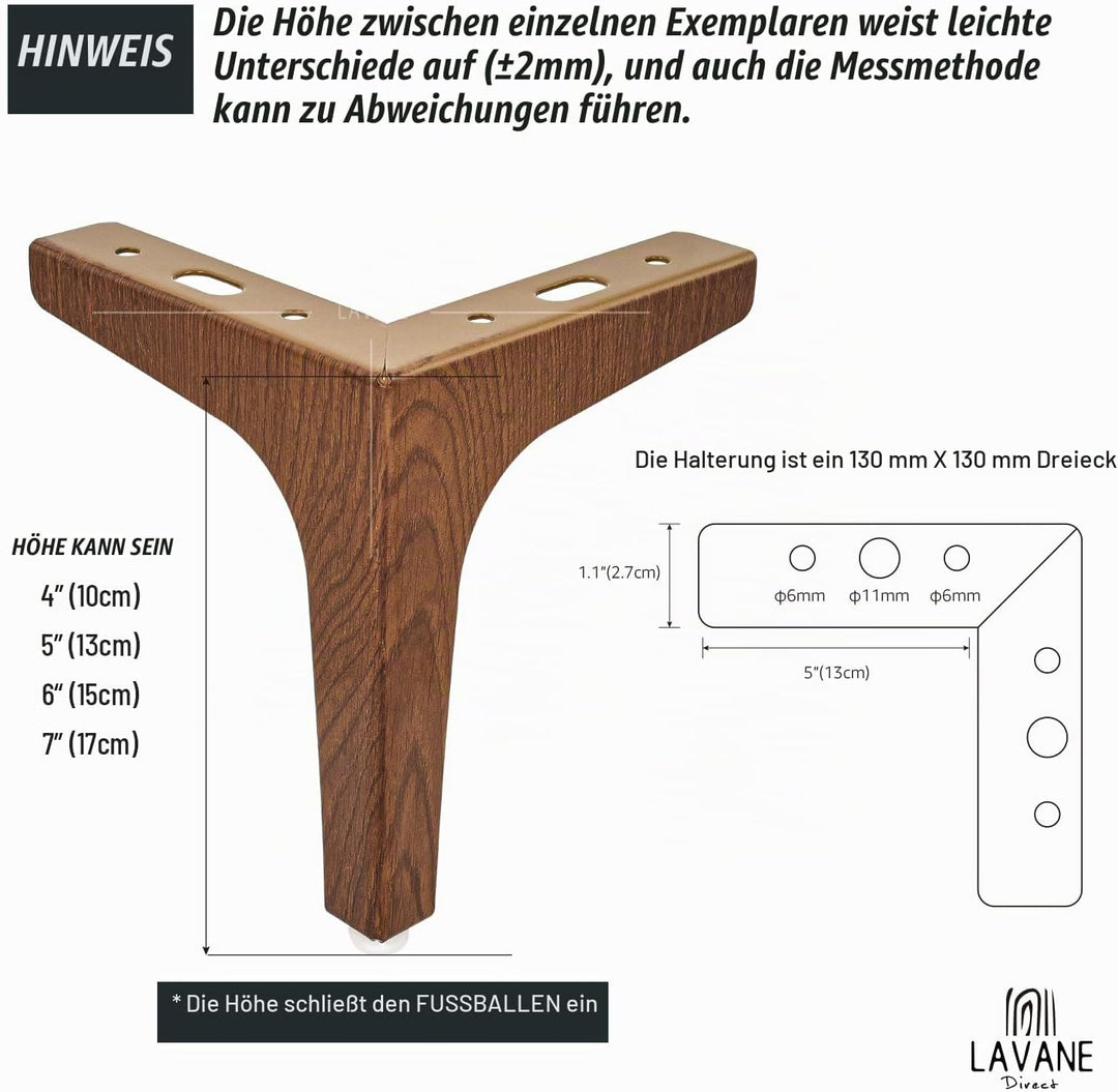 La Vane 4er Set Metall Möbelfüsse (17cm Höhe) Walnuss - Diamant-Dreieck Design für Schrank, Sofa, Co