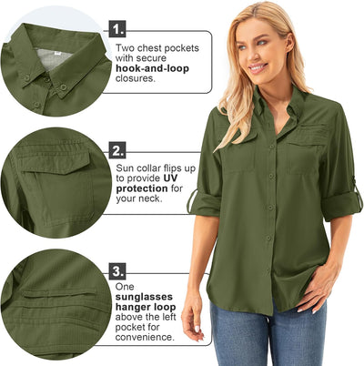 Asfixiado Damen Hemdbluse UV Shirt UPF 50+ Safari Kleidung Wanderbluse Damen Outdoor Cooling Quick D