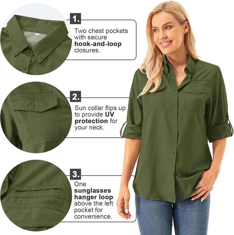 Asfixiado Damen Hemdbluse UV Shirt UPF 50+ Safari Kleidung Wanderbluse Damen Outdoor Cooling Quick D