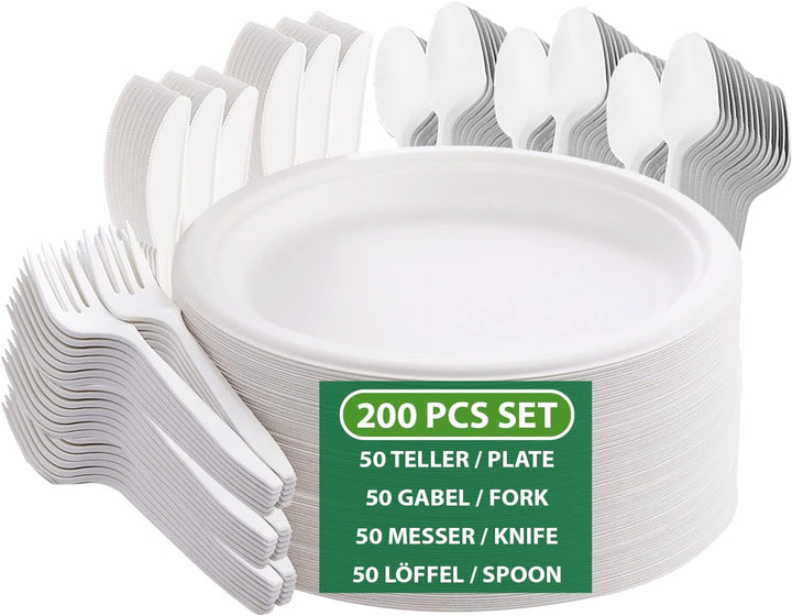 BIODORF Umweltfreundliche Einweggeschirr | 200 teilig (je 50 Zuckerrohr Teller, Kompostierbare Gabel