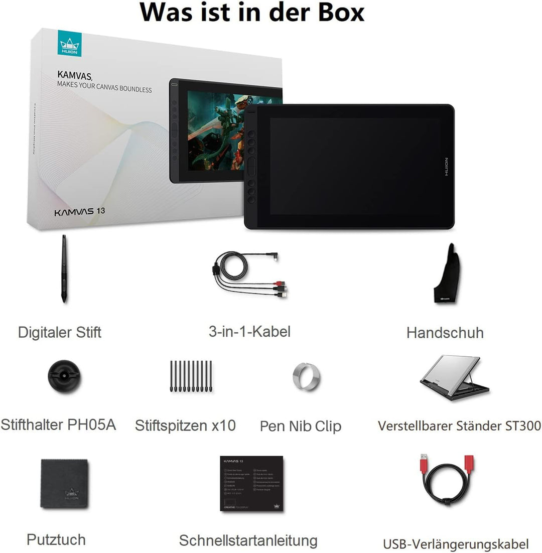 HUION Kamvas 13 Grafiktablett mit Display, 13,3 Zoll Volllaminatbildschirm Pen Display, 8 programmie
