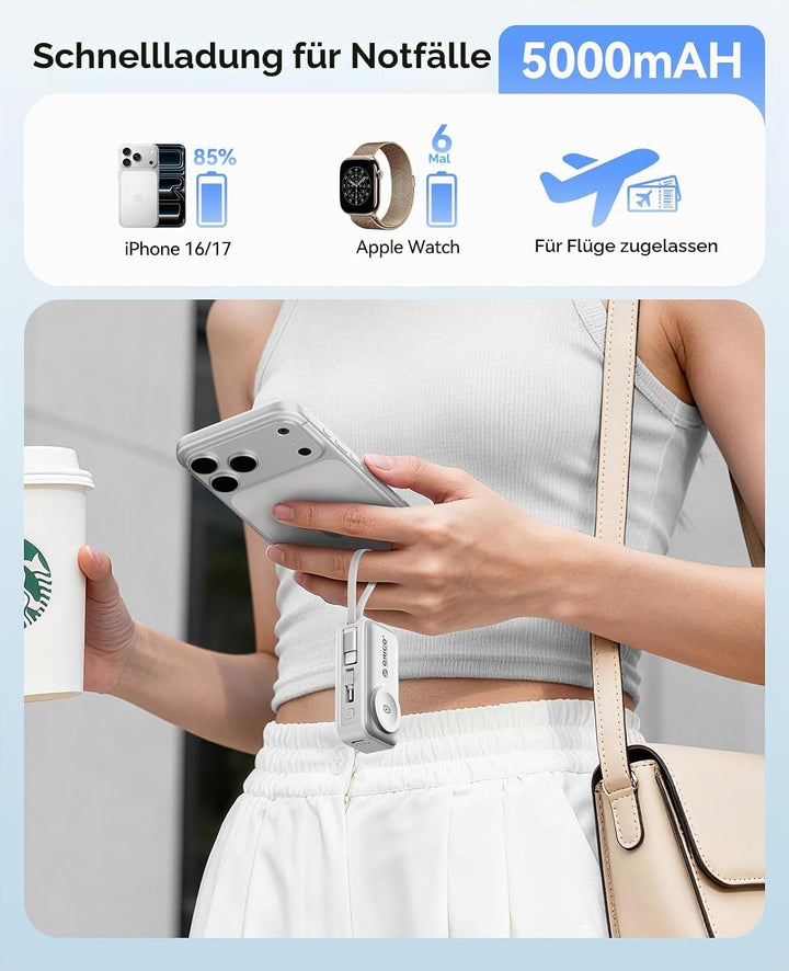 ORICO Mini Powerbank 5000mAh, PD 22,5W Externe Handyakkus mit Klappbarem USB-C Stecker &amp; Lightning K