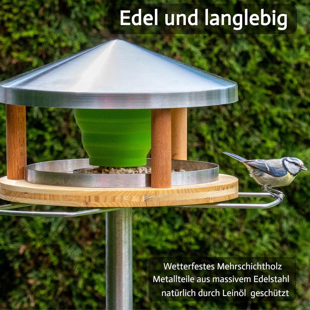 Vogelhaus mit Ständer wetterfest aus Edelstahl - Stabiles Vogelfutterhaus für draussen, modern aus M