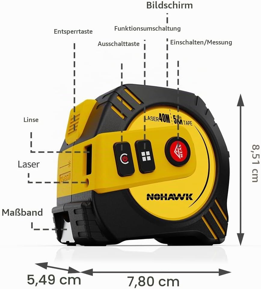 REVASRI Digitales Massband, 40 m Laser Entfernungsmesser &amp; 5m Massband, Echtzeit-Digitalanzeige Einh