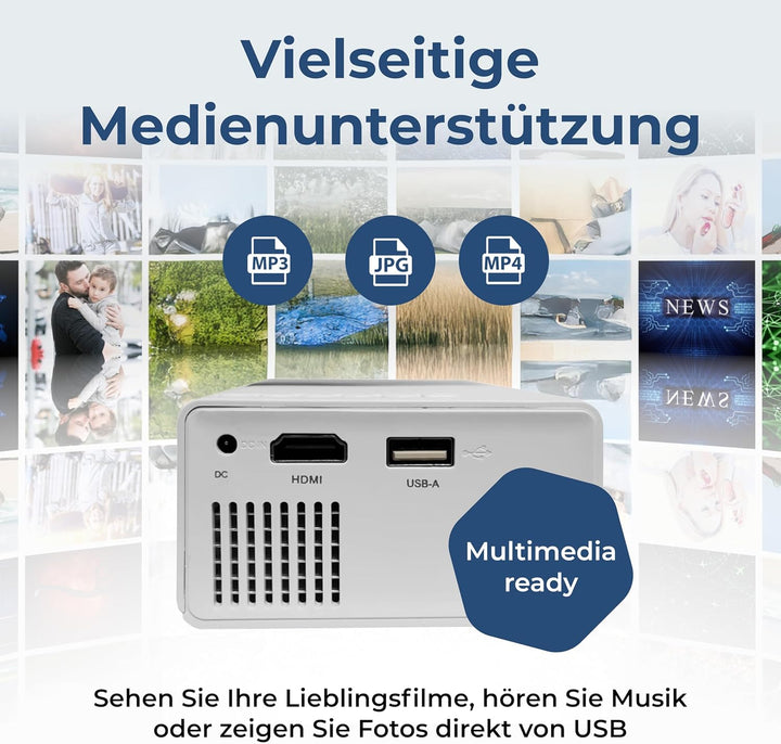 DENVER PR-1000 Mini Beamer, Unterstützt Full HD 1080p, Tragbarer LED Projektor mit HDMI, USB-C & Mic