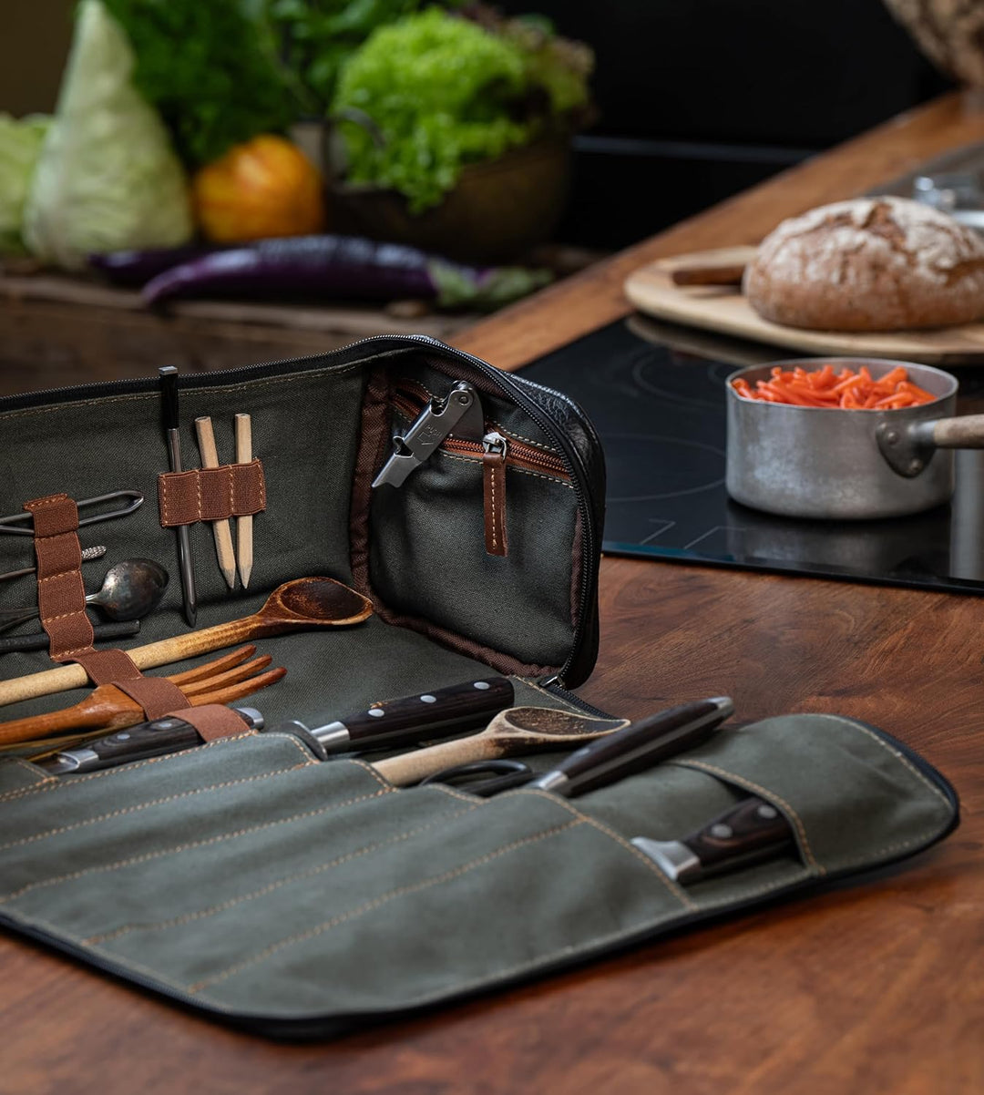 Angus Stoke Premium Messerkoffer aus Leder, XXL Messertasche mit vielen Extras und Stauraum, Koch-Ro