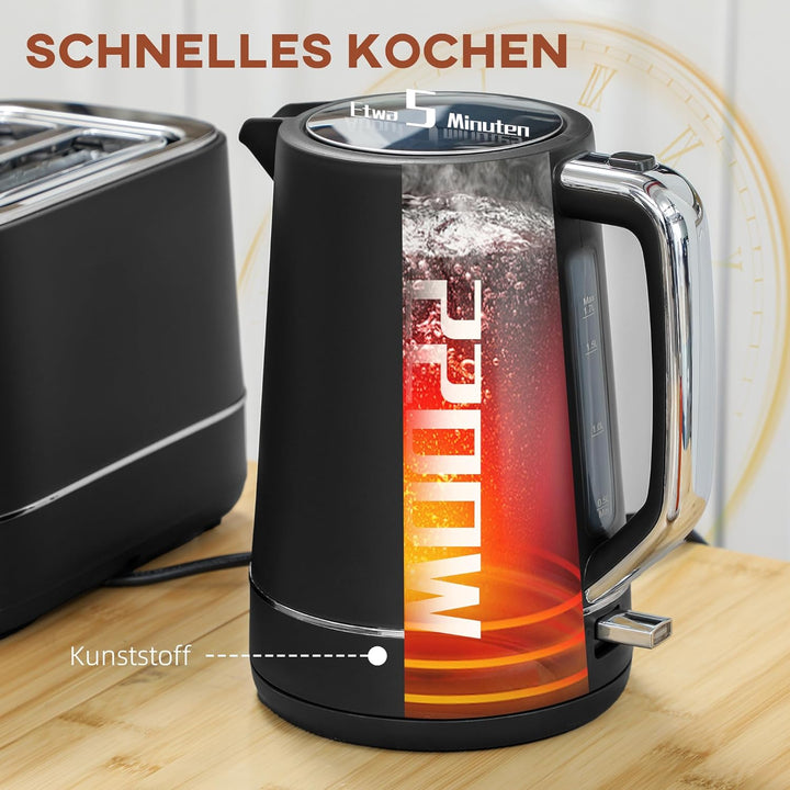 HOMCOM Wasserkocher Toaster Set 2200 W 1,7L Wasserkocher, 2 Scheiben Toaster, 6 Bräunungsstufen, Auf