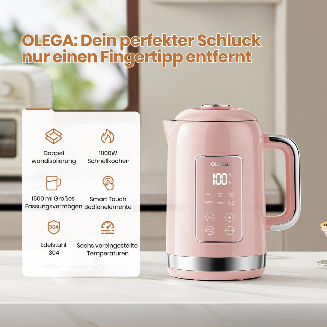 OLEGA Wasserkocher: 1800 W Wasserkocher mit Temperaturregelung, 1,5 l Fassungsvermögen, Edelstahl, S