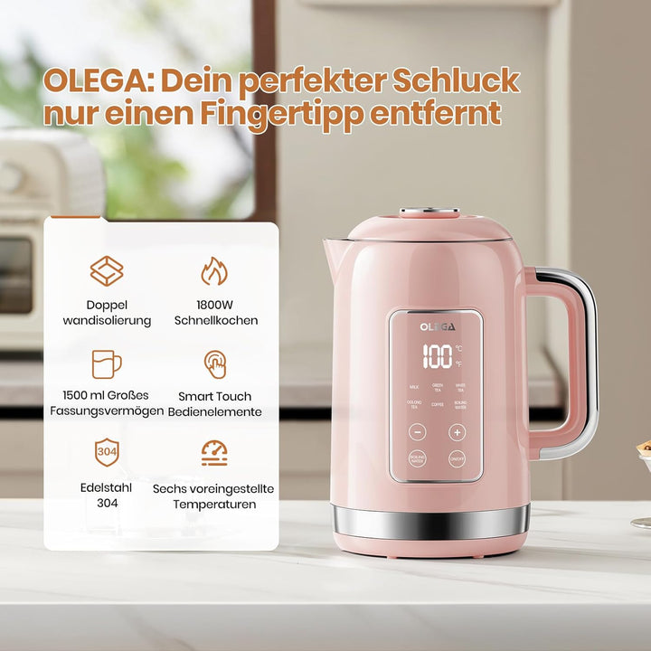 OLEGA Wasserkocher: 1800 W Wasserkocher mit Temperaturregelung, 1,5 l Fassungsvermögen, Edelstahl, S