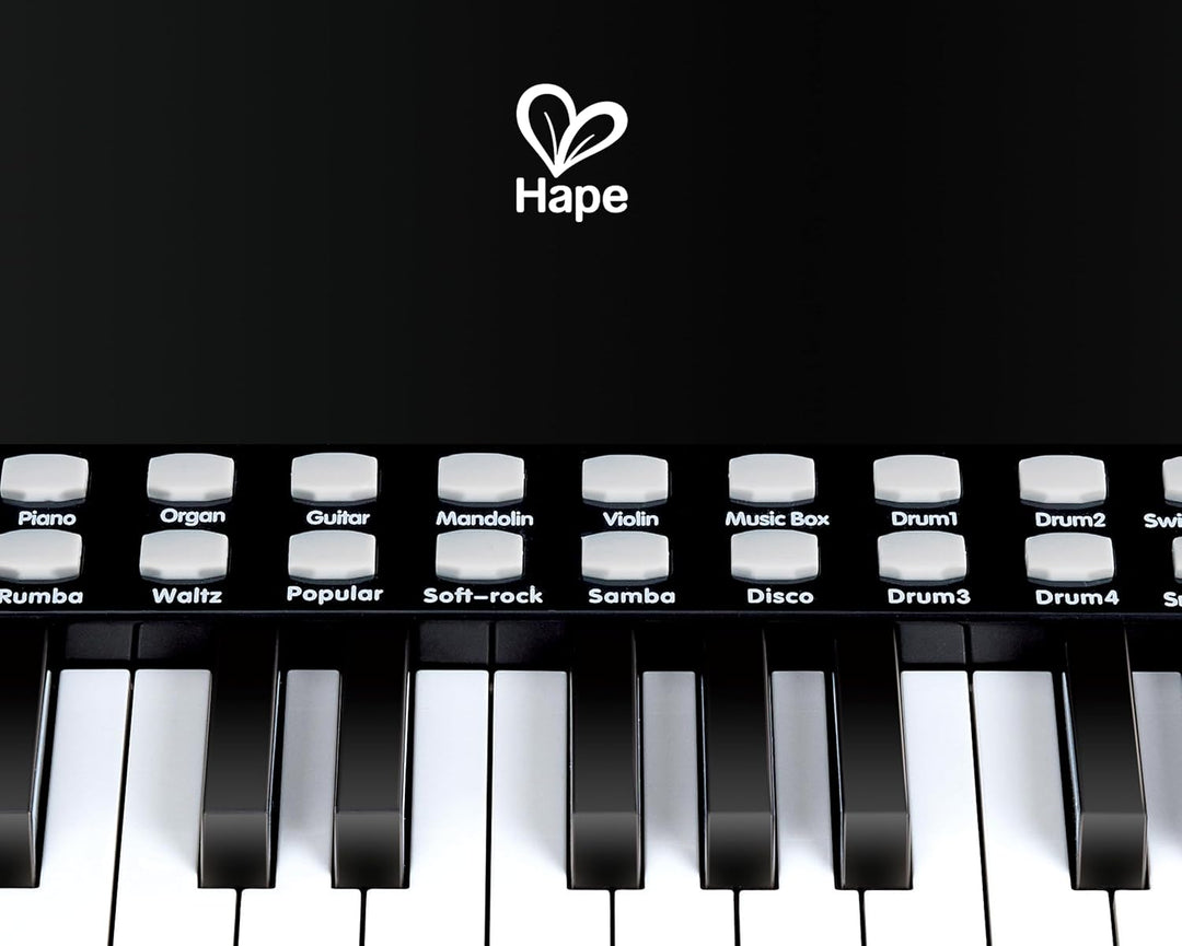 Hape Leuchttasten-Piano mit Hocker und Notenhalter, Musikspielzeug aus Holz, ab 3 Jahren, Schwarz