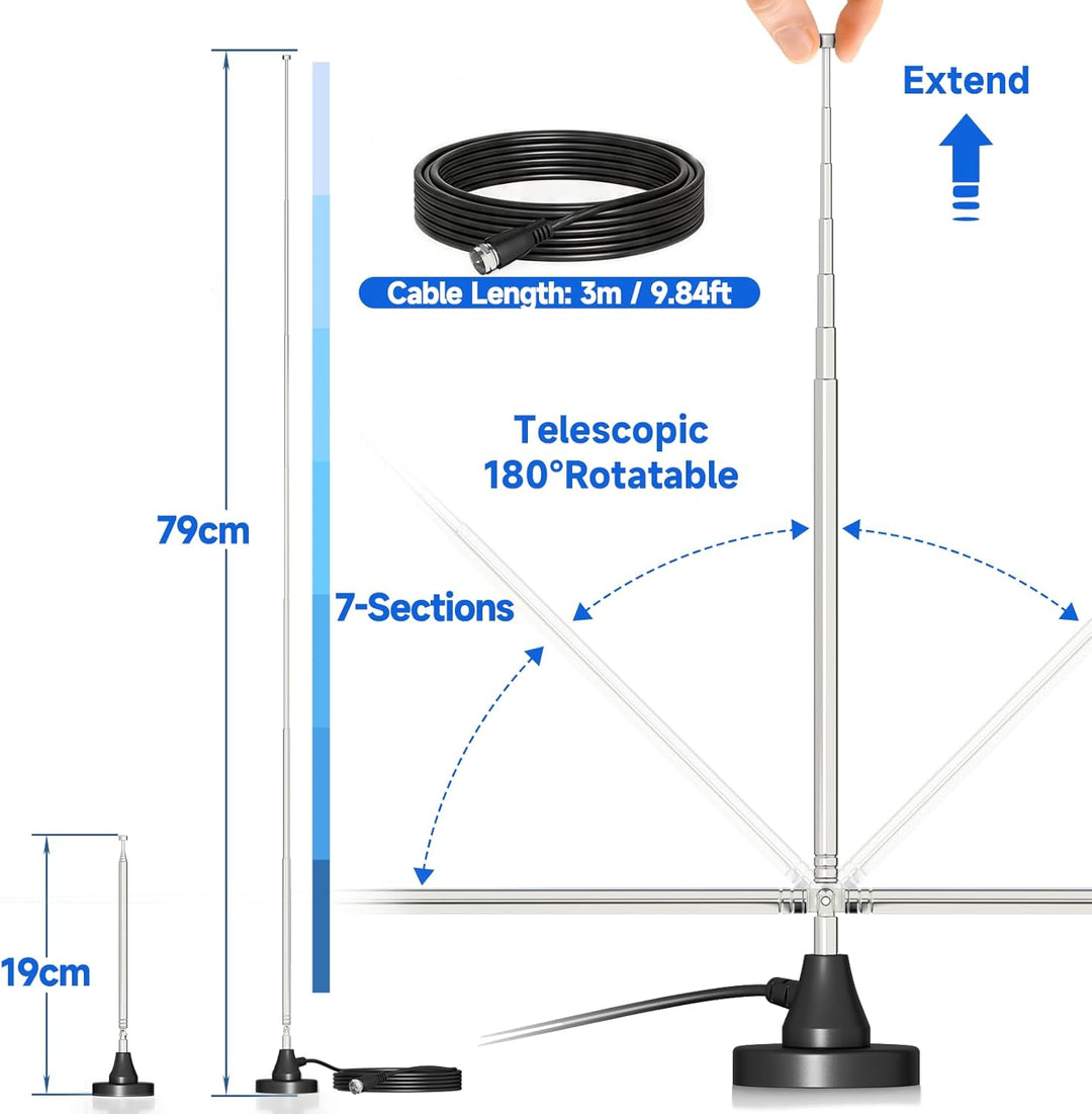 Bingfu DAB+ UKW Radioantenne Digitale Teleskopantenne für den Innenbereich mit Magnetfuss 3 m Verlän