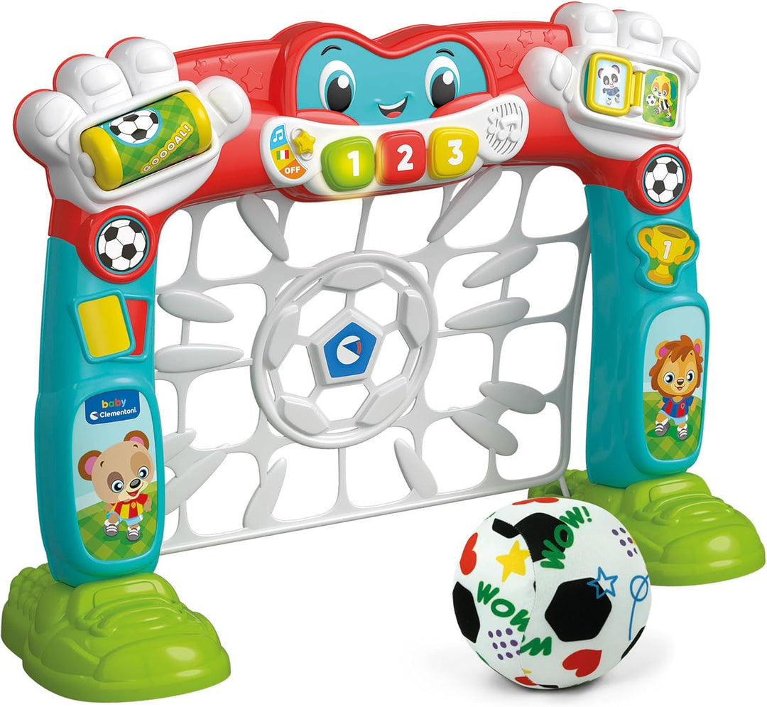 Clementoni Baby Tira e Segna Goleador Fussballtor für Kinder mit Ball, sprechendes Aktivitätszentrum