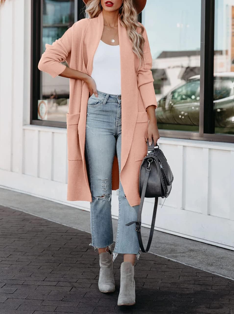 Maavoki Strickjacke Damen, Langarm Offene Front Cardigan mit Tasche, Casual Lange Einfarbig Strickma