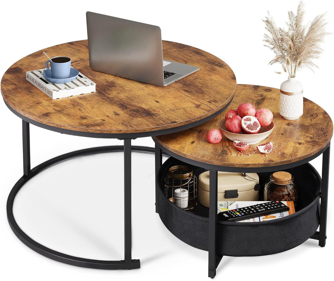 WLIVE Couchtisch 2er Set, 80 Durchmesser Gross Wohnzimmertisch, 60 Durchmesser Beistelltisch Rund mi