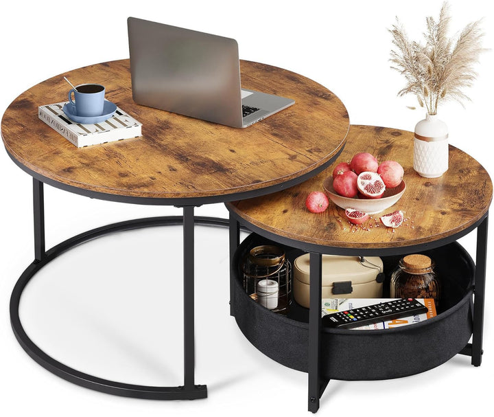 WLIVE Couchtisch 2er Set, 80 Durchmesser Gross Wohnzimmertisch, 60 Durchmesser Beistelltisch Rund mi