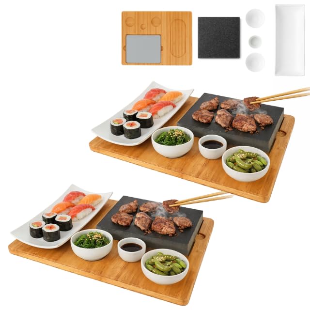 Lavastein Steakbrett 2 Sets, Servierplatte, Bambusbrett mit Hot Stone Grill, Steak Grillplatte, Stei