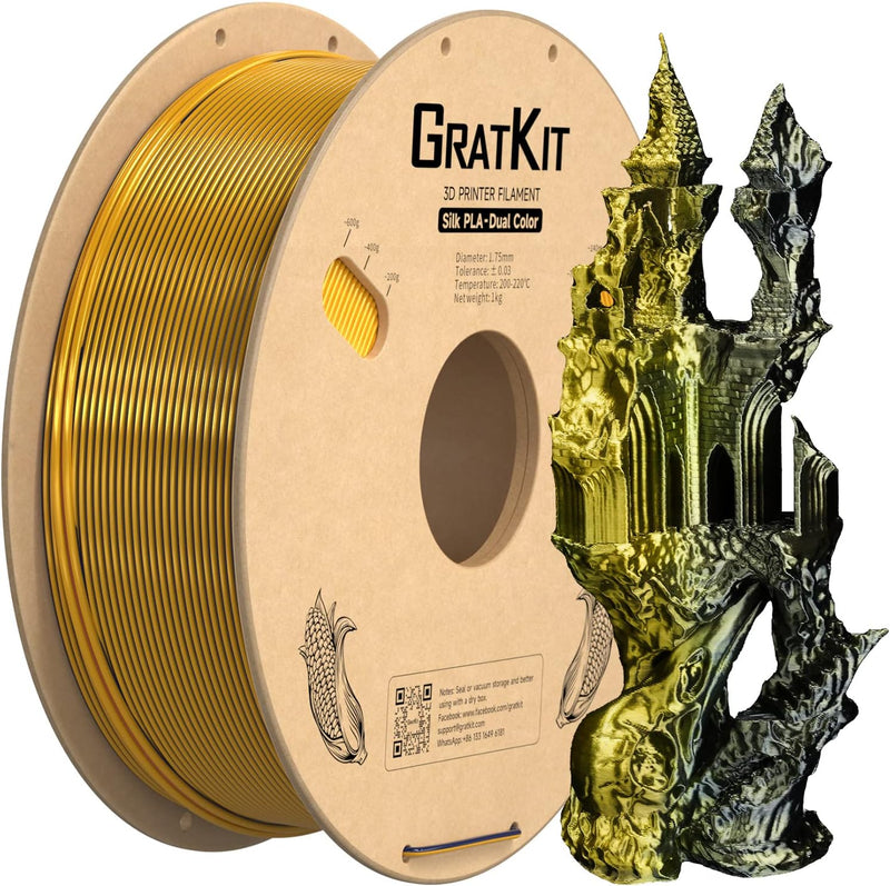 GratKit Silk Dual Color Filament PLA 1.75mm, -0.03mm, Coextrusion PLA Filament, 3D Drucker Filament,