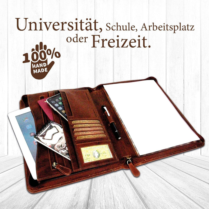Corno d´Oro Premium Handgefertigte Konferenzmappe A4 Leder für Tablet bis 12 Zoll/Business Dokumente