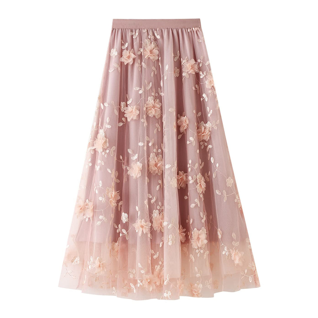 Odizli Tüllrock Damen Lang Elegant Vintage Blume Stickerei Elastisch High Waist A Linie Swing Midi R