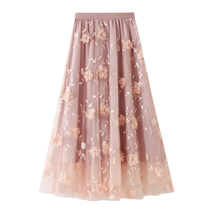 Odizli Tüllrock Damen Lang Elegant Vintage Blume Stickerei Elastisch High Waist A Linie Swing Midi R