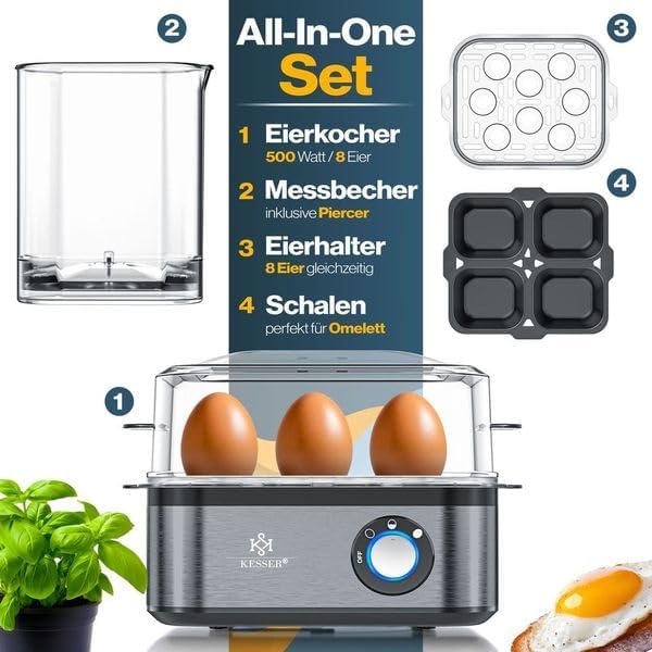 KESSER® Eierkocher für 1 bis 8 Eier elektrisch aus Edelstahl 500W & Warmhaltefunktion | LED-Drehscha