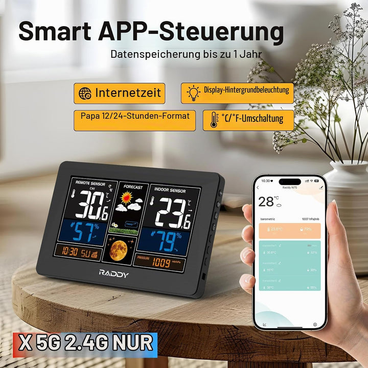 Raddy N75 Wi-Fi Wetterstation mit Aussensensor, 7,5" Funk-Wetterstation, Innen und Aussen Wettervorh