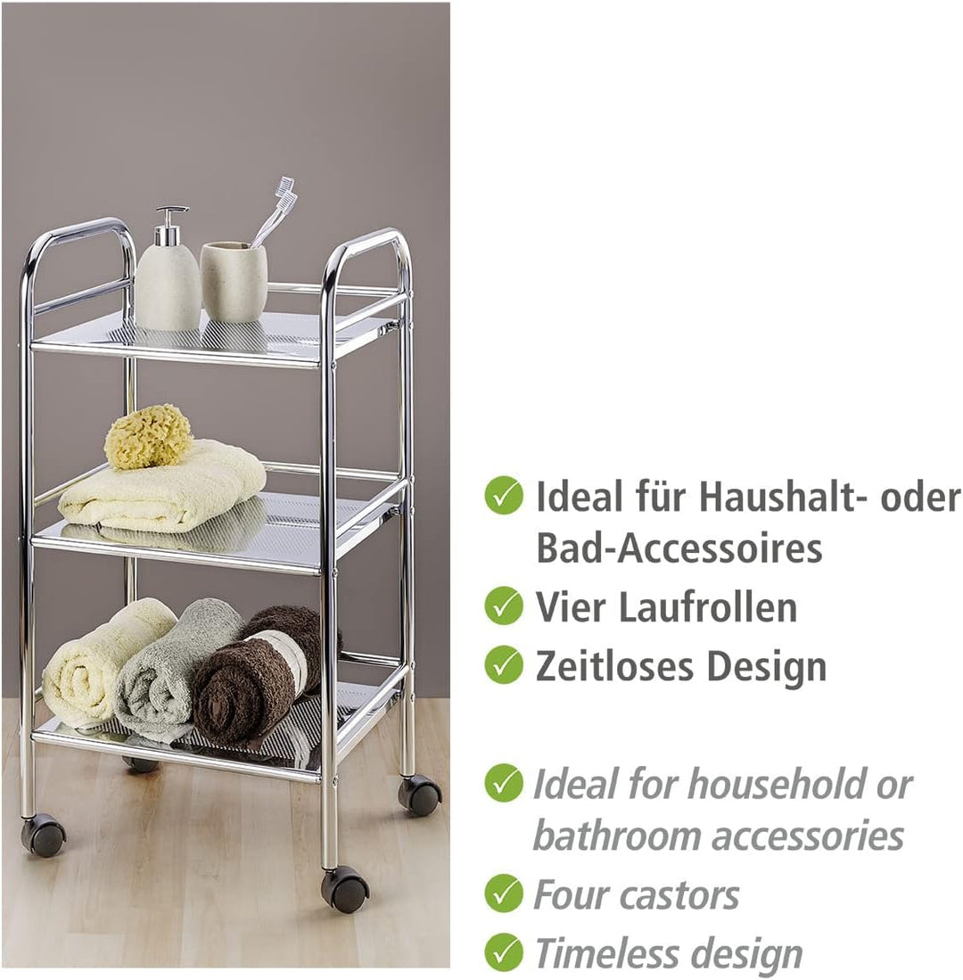 WENKO Rollwagen Exclusiv mit 3 Ablagen, rollbarer Küchenwagen aus verchromtem Stahl, 41 x 75 x 32 cm