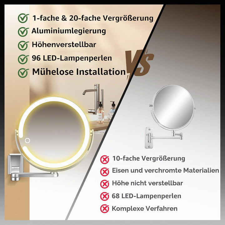Wandmontierter Make-up-Spiegel, Vergrösserungsspiegel mit Licht, 20X/1X doppelseitig, höhenverstellb