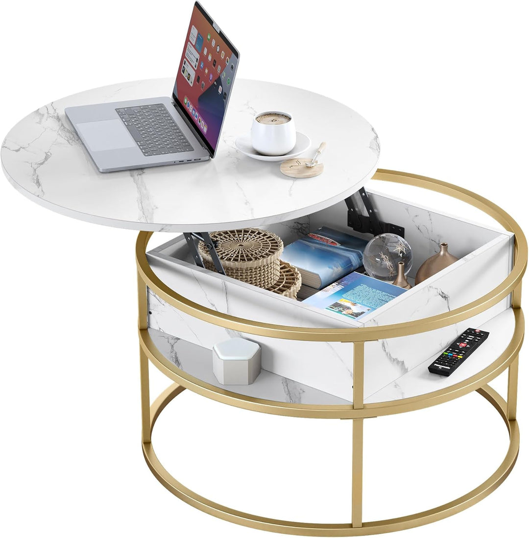 YITAHOME Couchtisch Rund mit Hebeplatte, Wohnzimmertisch mit verstecktem Ablagefach, Beistelltisch R