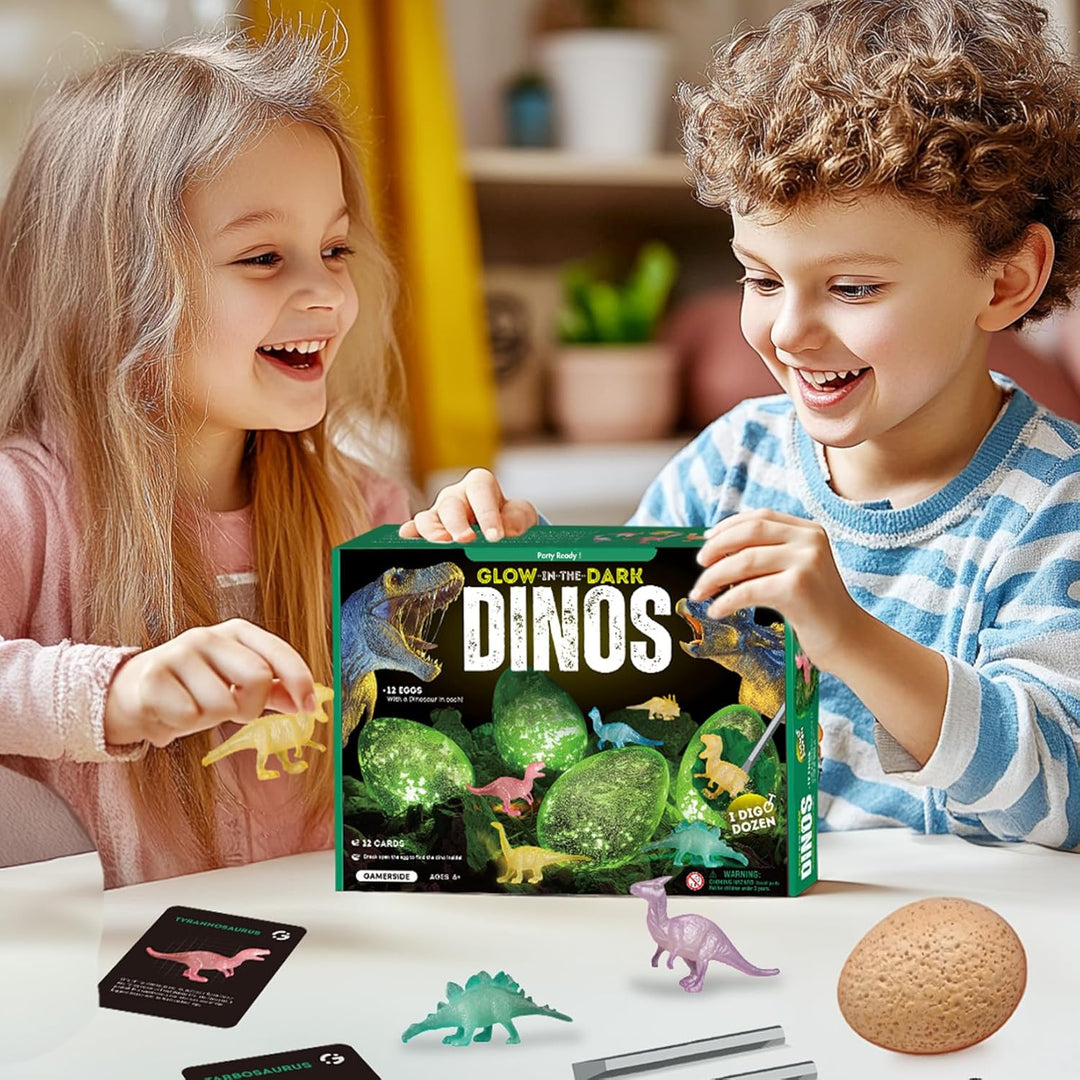 Gamerside Dino Eier zum Ausgraben – 12 Leuchtende Dino-Eier mit Lernkarten – Dino Ausgrabungsset für
