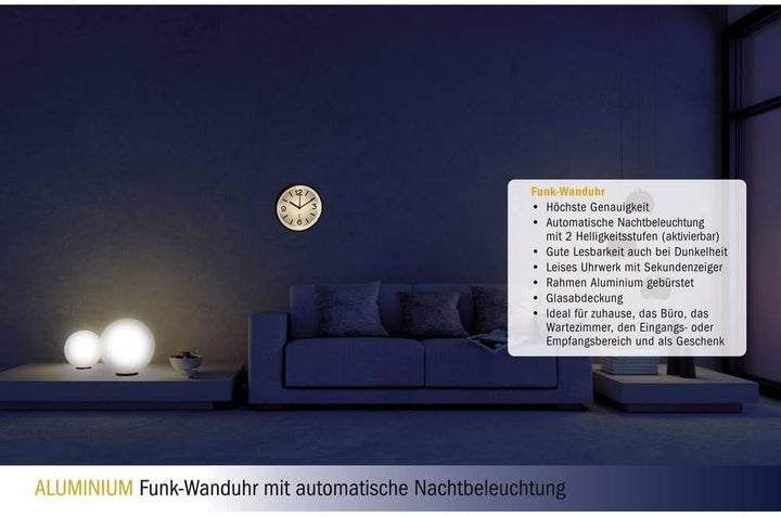TFA Dostmann Analoge Funk-Wanduhr, 60.3535, mit Nachtbeleuchtung, leises Uhrwerk mit Sekundenzeiger,