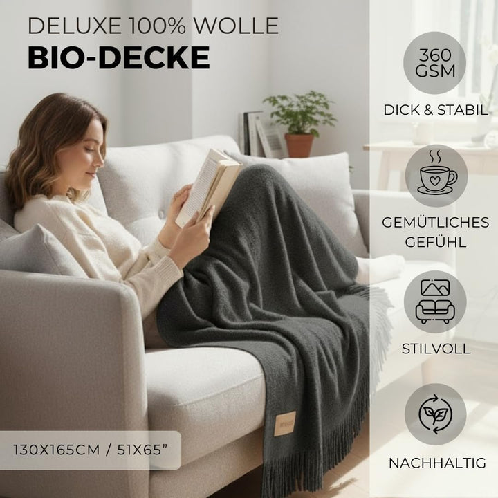menique Milan 100% Wolldecke, Dicke Weiche Kuscheldecke Fransen Dunkelgrau | Warme Sofa- und Couchde