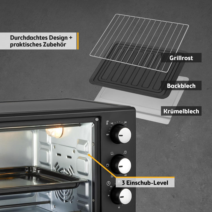 TZS First Austria - 19 Liter Minibackofen mit 1380 Watt schwarz| Unter-Oberhitze bis 230 Grad stufen