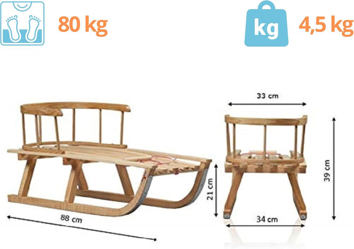 Holzschlitten für Kinder mit Rückenlehne Rodelschlitten Davoser Schlitten aus Holz mit einem Sicherh