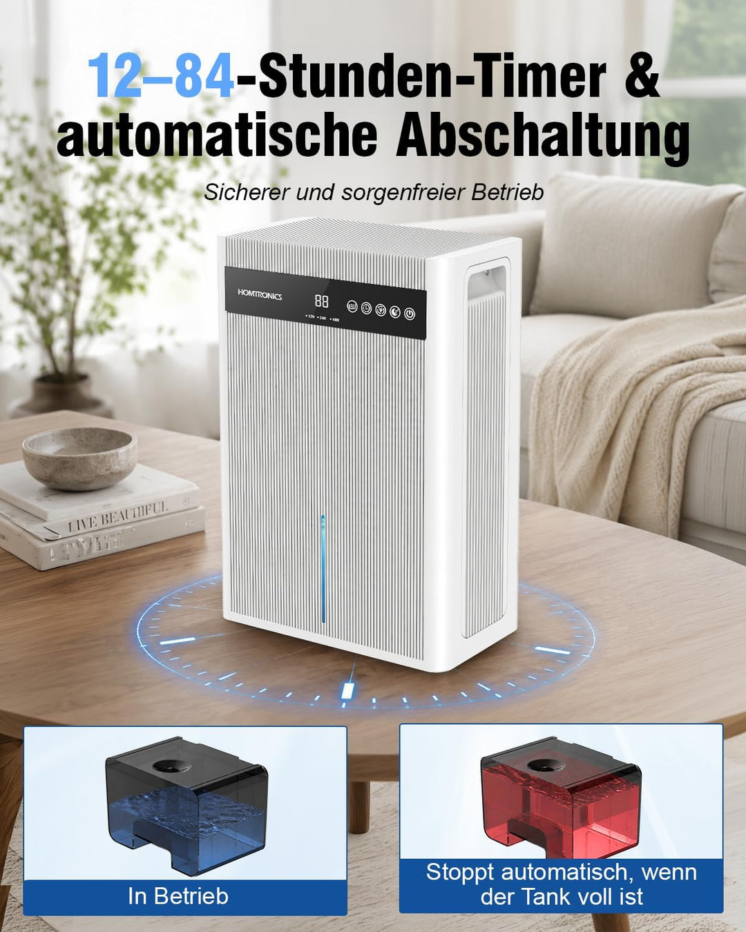 Elektrischer Luftentfeuchter 3L, Zwei Entwässerungsmodi Weiss, Weiss