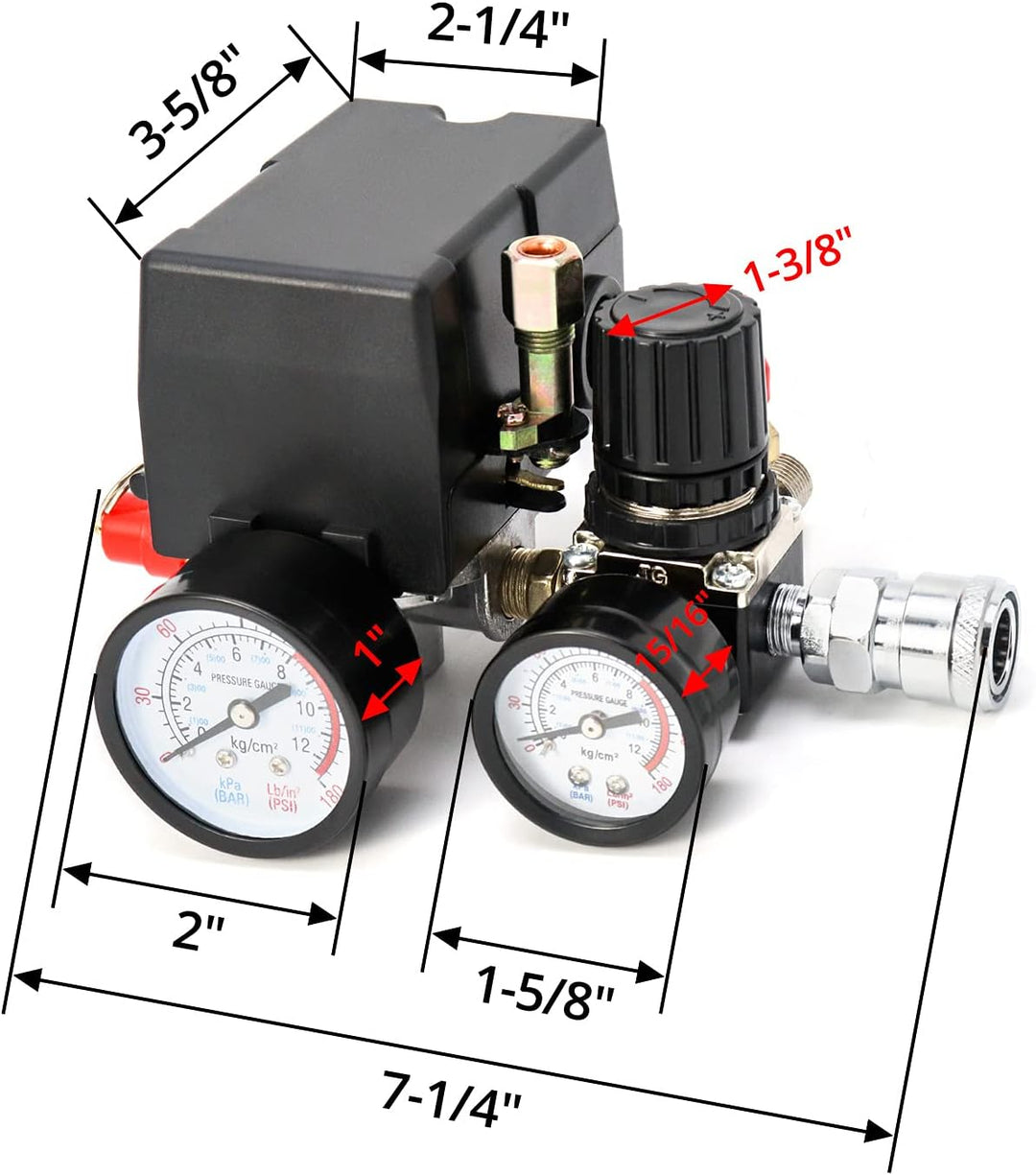 QWORK® Luftkompressor-Druckschalter-Steuerventil Regler mit 90-120PSI Messgeräten American Pattern,