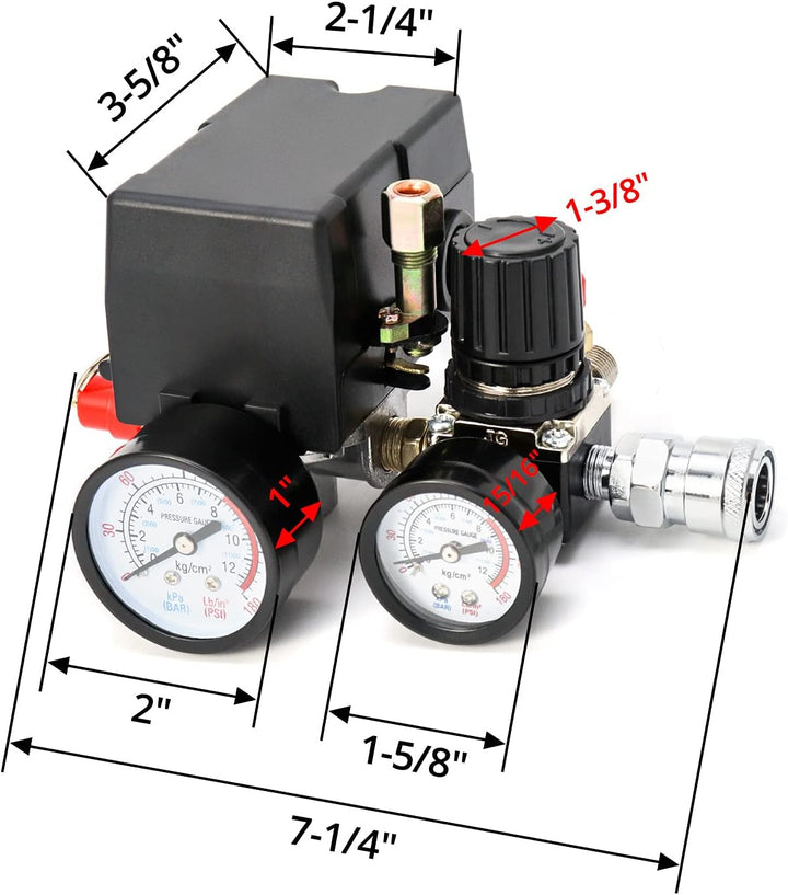 QWORK® Luftkompressor-Druckschalter-Steuerventil Regler mit 90-120PSI Messgeräten American Pattern,