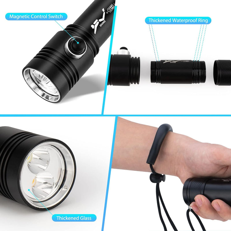 Kriogor 2600Lumen Tauchen Taschenlampe, Unterwasser Submarine Licht mit 2 Modi, IPX7 Wasserdicht LED
