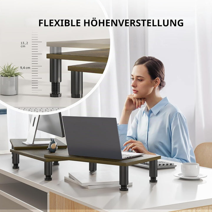 Dual Monitorständer mit einstellbarer Höhe Stahlbein, Holz Ständer für Schreibtisch mit Stauraum für