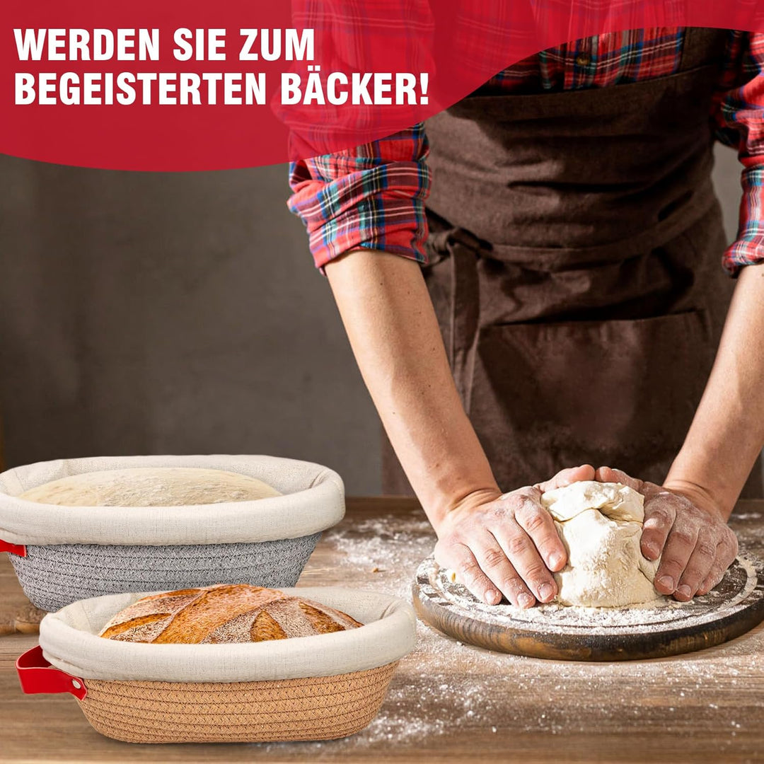 Gärkörbchen- Sauerteig Brot Gärkorb Set – 2 x 26 cm Oval mit Bezug & Deckel | Natursauerteig Gärkorb