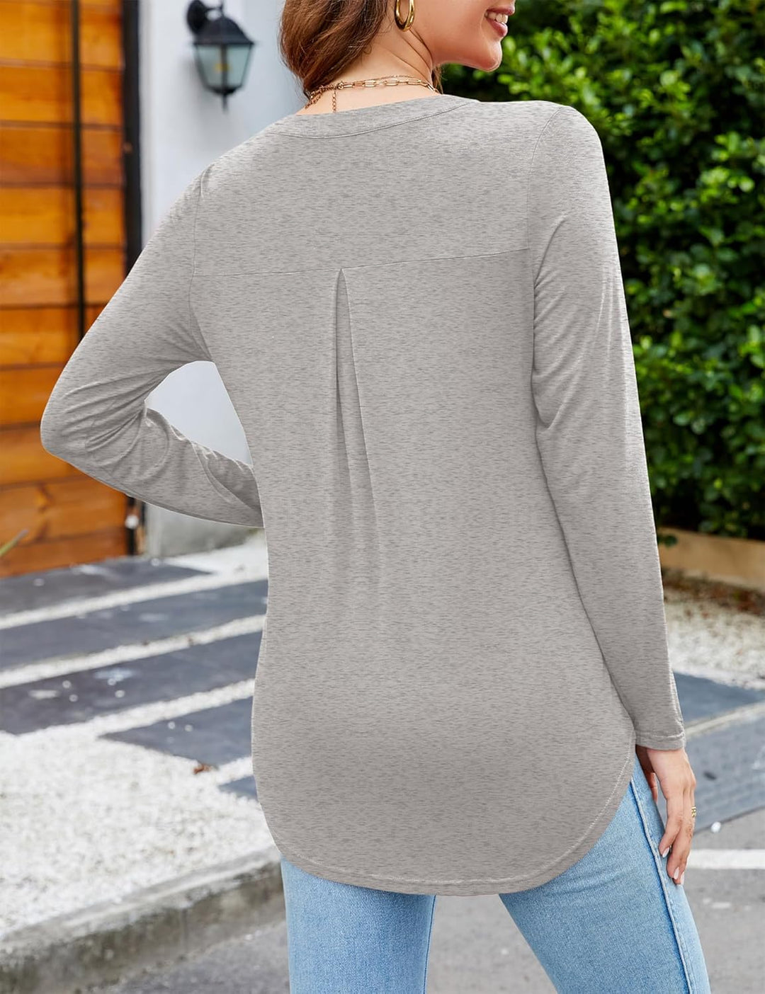 Beluring Damen Oberteile Kurzarm/Langarm Elegant T-Shirt V-Ausschnitt Plissee Top Einfarbig Longshir