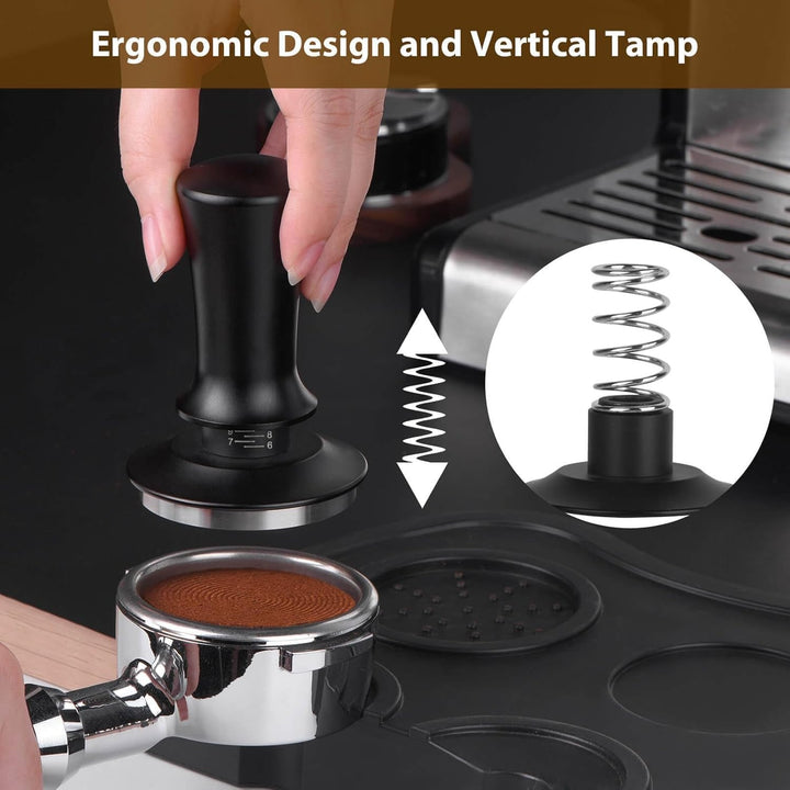 Kaffee Tamper 58mm mit Silikonpad - Espresso Stampfer Edelstahl Kalibriert mit Feder für 58mm Siebtr