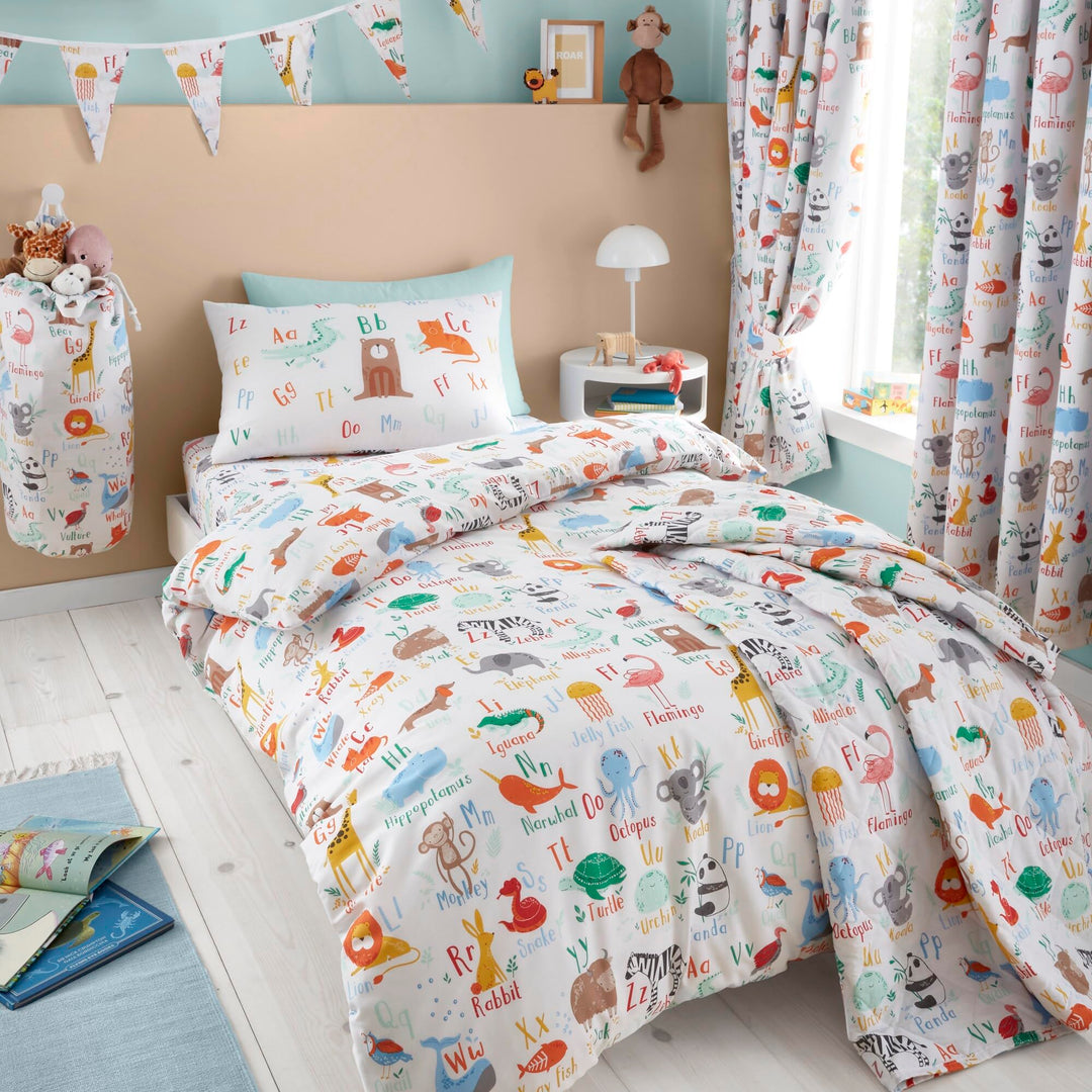 Happy Linen Company Bettwäsche-Set für Mädchen und Jungen, mit Tiermotiven, ABC, Weiss, mehrfarbig,