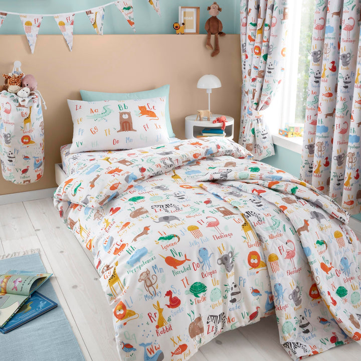 Happy Linen Company Bettwäsche-Set für Mädchen und Jungen, mit Tiermotiven, ABC, Weiss, mehrfarbig,